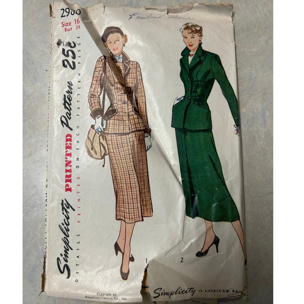Simplicity 2980 Sewing Pattern Women Size 16 Multi 1940s Vintage Suit RARE HTF